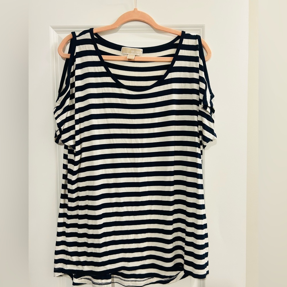 Michael Kors Navy and White Striped Short Sleeve Tee with Cut Out Shoulders